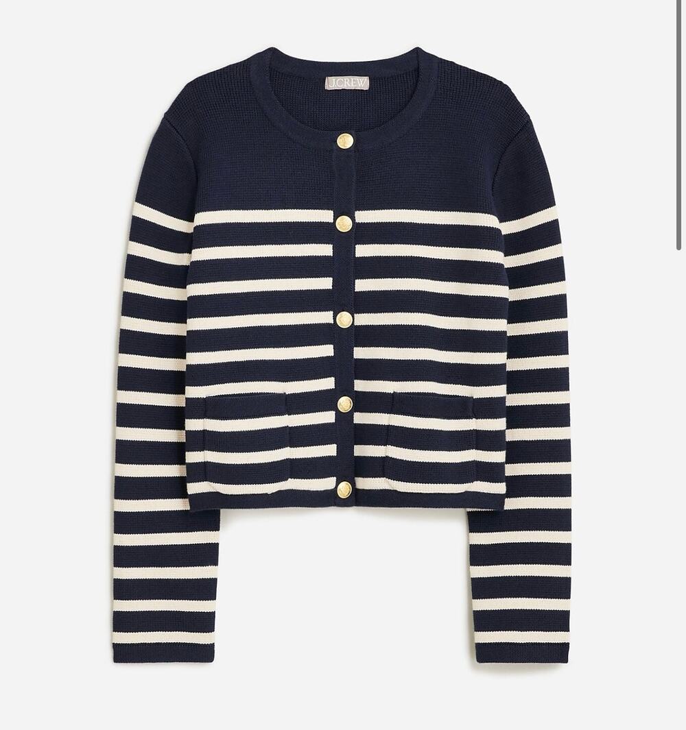 J. CREW Emilie Sweater Lady Jacket Navy Blue Cream Stripe Medium BX482